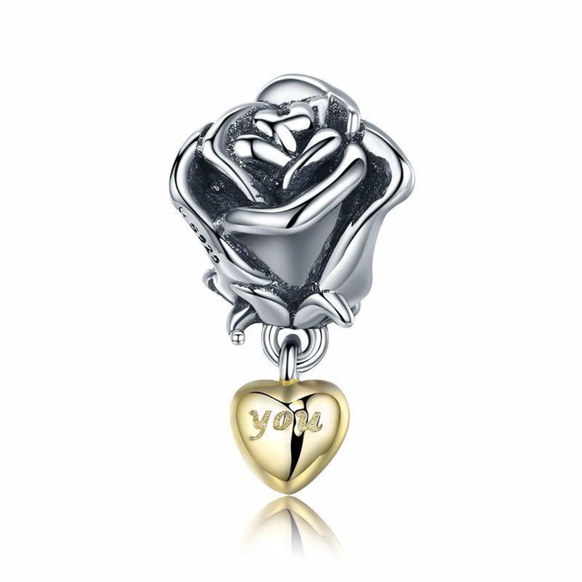 Rose Charm 925 Sterling Silver Love Charm Flower Charm Anniversary Charm for Pandora Charm Bracelet (B)