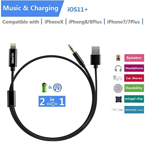 2 in 1 Lightning Charging and Audio Cable Nylon Braided Lightning Car Charger &amp; Lightning to 3.5mm Stereo Audio Cable, Compatible with Latest iOS 3.94ft/1.2M (Black （2 in 1）)