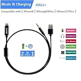 2 in 1 Lightning Charging and Audio Cable Nylon Braided Lightning Car Charger & Lightning to 3.5mm Stereo Audio Cable, Compatible with Latest iOS 3.94ft/1.2M (Black （2 in 1）)
