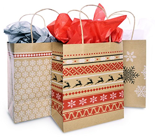 Christmas Gift Bag Set with Tissue Paper Included | Red & White Nordic Print Gift Bag | Paper Kraft Bags In 3 Assorted Holiday Designs With Matching Tissue Paper | Xmas Fair Isle Bulk Packaging (12)