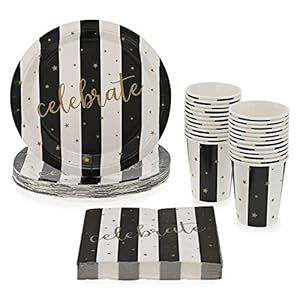 Celebratory-Black-and-White-Party-Bundle-Includes-Paper-Plates-Napkins-and-Cups-Serves-24-72-Pieces Black and White Celebrate Party Bundle, Includes Paper Plates, Napkins and Cups, Serves 24, 72-Pieces Total