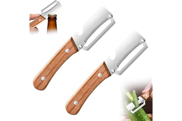 Premium Vegetable Peeler with Wooden Handle and Bottle Opener: 2-in-1 Stainless Steel Kitchen Tool for Fruit Apple Potato Pumpkin Papaya (2 PCS)