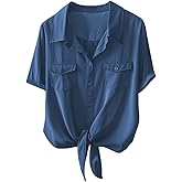AEURPLT Women's Button Down Shirt Tie Front Short Sleeve Office Business Blouse Sheer Summer Casual Tops