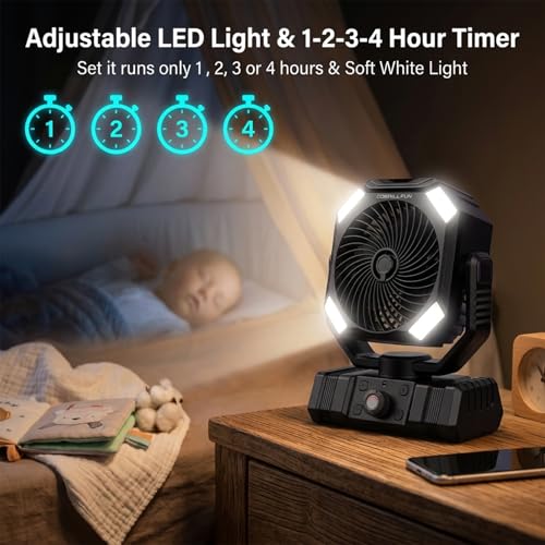 GOBRILLFUN Battery Operated Fan 10000mAh with Mist, Portable Remote Control Fan with 300mL Tank, Oscillating Cooling Fan, 2 Mist Modes, LED Light, Timer, Rechargeable for Camping Patio Beach Office