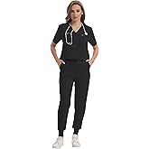 GGEH Scrub for Women Set Classic V-neck Top & Jogger Scrub Pants Medical Uniform Suit with 9 Pockets