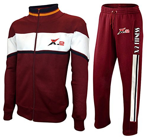 X-2 Mens Full Zip Fleece Tracksuit Jogging Sweatsuit Activewear White-Maroon XXL