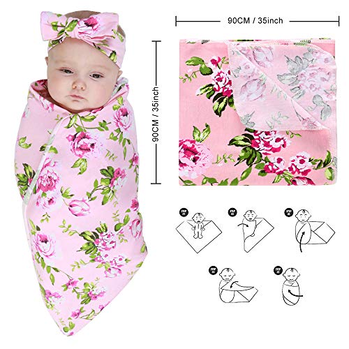 Stretchy Knitted Baby Swaddle Blanket with Headband Set, 35\