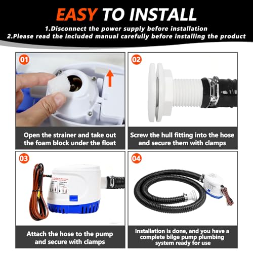 1100GPH Automatic Boat Bilge Water Pump Kit, 1-1/8 inch 12V Small Marine Bilge Pump with Float Switch, 6FT Hose, 2 Clamps, Thru-Hull Fitting, Ideal for Fishing Boats, Cruisers, Runabouts, Yachts