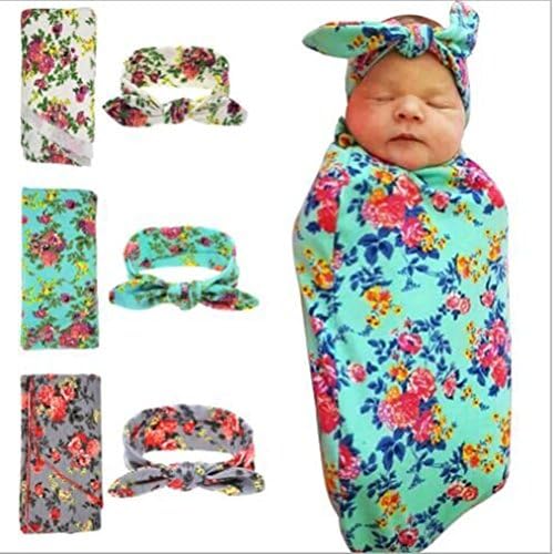 GMJF Baby Blanket&amp;Headband Set,Newborn Baby Sleep Swaddle Blanket,Newborn Baby Beanie Hat,Pack of 3 sets