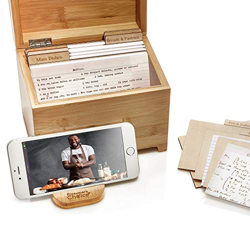 Prosumer's Choice Bamboo Recipe Box w/Fold Out Tablet and Smartphone Stand for 4x6 inch Cards