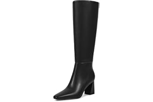 ISNOM Black Knee High Boots Women with Side Zipper Womens Tall Chunky Boots Low Heeled Pointed Toe, Black Knee High Long Boot for Fall Fashion Dress Party Wedding PU Leather