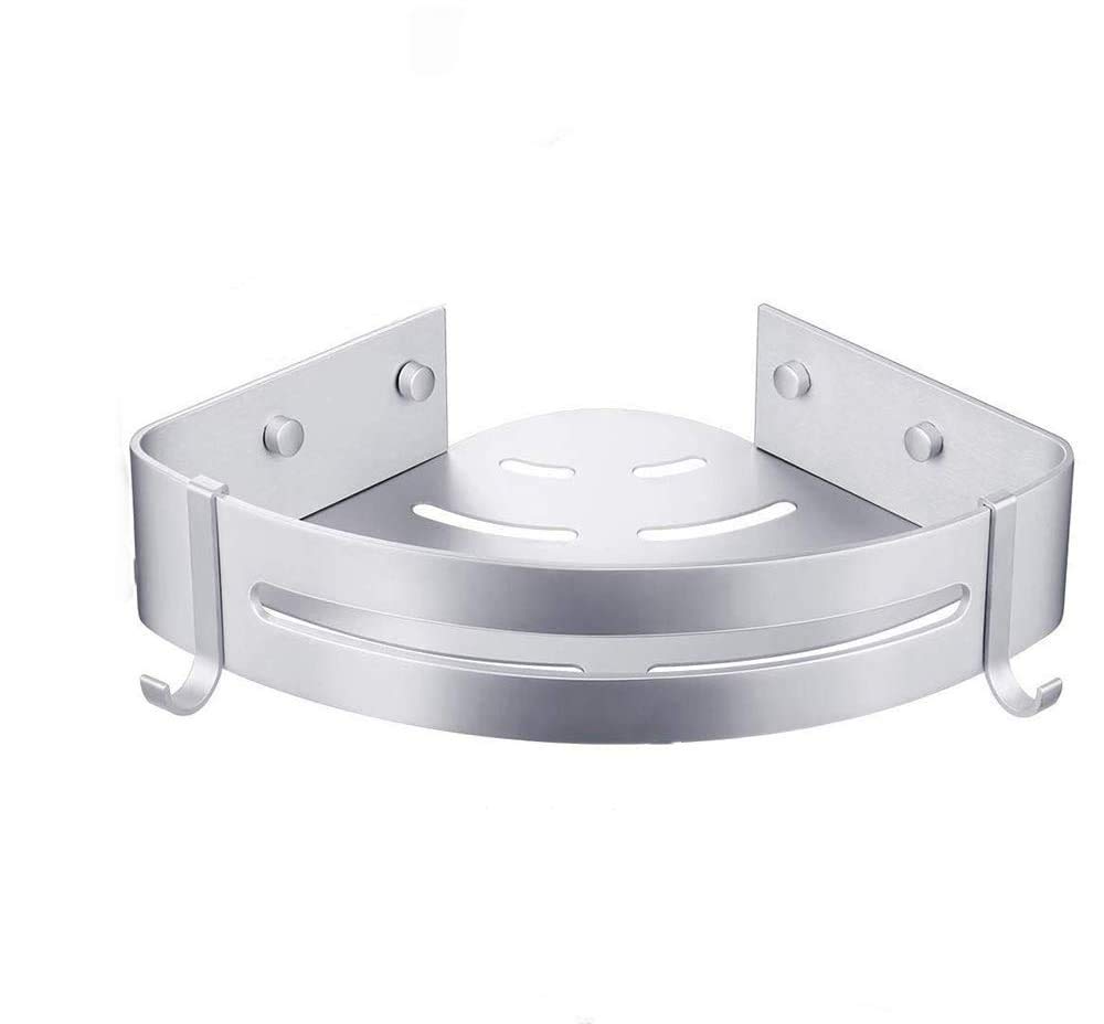 Bogeer Shower Shelf No Drilling, Bathroom Corner Shelf - Aluminum Shower Caddy Storage Basket with Hooks, Bath Shower Tray - Shower Organizer Storage Basket (Single Layer)