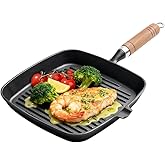Komost 8.6 Inch Cast Iron Grill Pan for Stove Top, Square Skillet Griddle Pan with Pour Spout, Flat Steak Grilling Pan, Durable Indoor & Outdoor Use, Naturally Nonstick with Oil Seasoning, PFOA Free