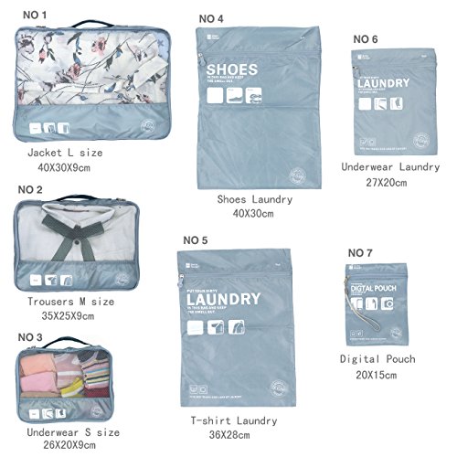 7 Sets Packing Cubes for Travel Luggage Organizers Storage Bags Waterproof and Lightweight Suitcase Compression Pouches (Grey)