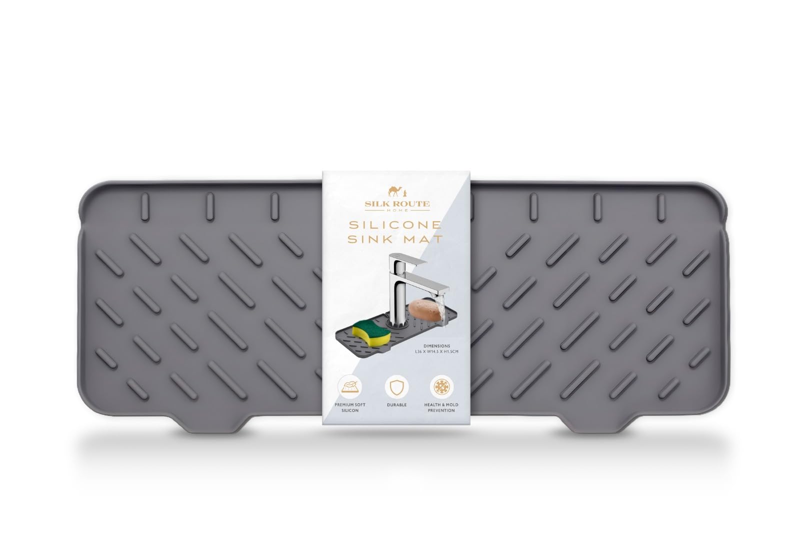Silk Route Home Grey Silicone Sink Faucet Draining Mat/Tray Splash Guard for Kitchen & Bathroom from 36cm