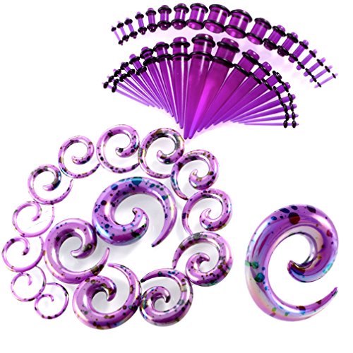 JDXN 52 Pieces Acrylic Gauge Kit Spiral Tapers Tunnels and Plugs 14G-00G Ear Stretching Starter (Acrylic Purple 52PCS)