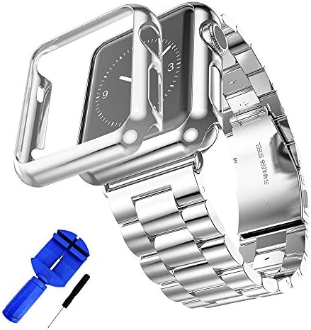 Apple Watch Band,Solid Stainless Steel Metal Strap Band w/Adapter+Case Cover for Apple Watch iWatch 38/42mm (Silver 38mm)