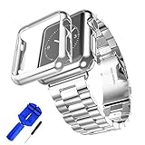 HUANLONG Compatible with Apple Watch Band, Solid Stainless Steel Metal Strap Band w/Adapter+Case Cover for Apple Watch iWatch 38/42mm (H Silver 42mm)