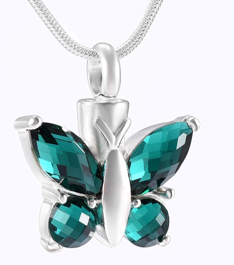 Kai Urns Stainless Steel Butterfly with Turquoise Gem Cremation Pendant Urn Necklace for Love Ones