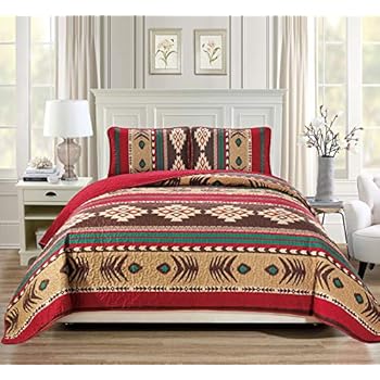 Rugs 4 Less Western Southwestern Native American Tribal Navajo Design 3 Piece in Brown Green and Burgundy Oversize Bedspread Quilt Set (Queen) 3pc Mojave Queen