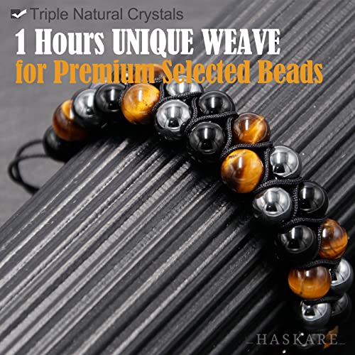HASKARE Triple Protection Bracelet, Genuine Tigers Eye Black Obsidian