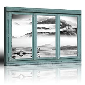 Vintage Teal Window Looking Out Into a Black and White Lake with a Mountain View - Canvas Art Home Art - 24x36 inches