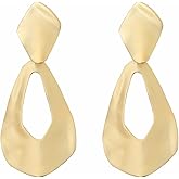 Matte Gold Hammered Geometry Drop Clip On Earrings for Women