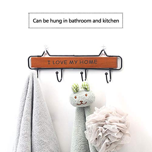 Wall-Mounted Coat Rack, 15-inch Wooden Shelving Hook Storage Key Holder with 5 Metal Hooks for Keys Towel Clothes Hats Bags Mudroom Bathroom Entryway, (2 Packs, Blue)