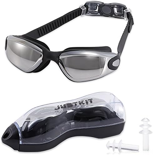 JUSTKIT Swim Goggles, Swimming Goggles No Leaking Anti Fog UV Protection Triathlon Swim Goggles with Free Protection Case and Ear Plugs for Adult Men Women Youth Child (Black, Mirrored Lens)