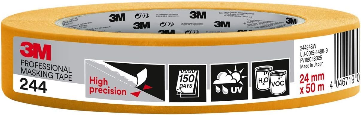 3M Professional Masking Tape 244, Universal Surfaces, Painters Tape - 1 Roll 24 mm x 50 m - High Precision, UV and Water Resistant, For Indoor & Outdoor