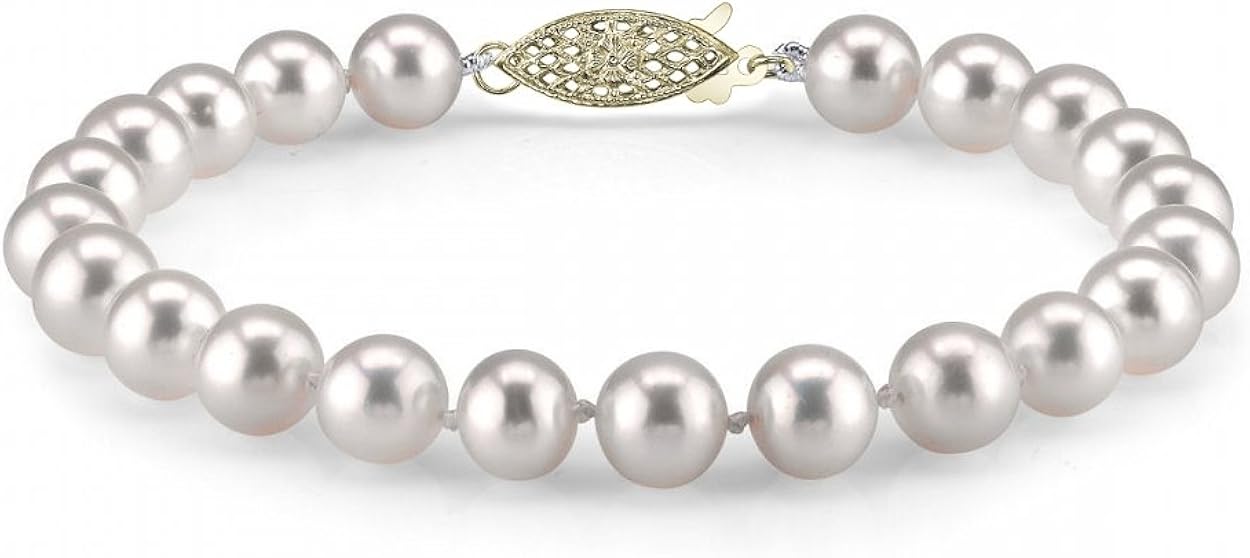 THE PEARL SOURCE 14K Gold 7-8mm AAAA Quality Round White Freshwater Cultured Pearl Bracelet for Women: Jewelry