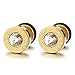 10MM Steel Mens Gold Stud Earrings Screw Back with Greek Key Pattern and 4mm Cz, 2pcs