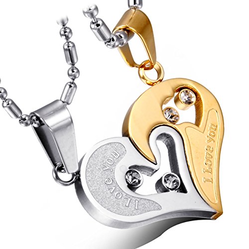 Cupimatch 2-Pieces Men Women Stainless Steel I Love You Heart Rhinestone Puzzle Matching Pendant Couple Necklace Christmas Valentine Gift with 50cm& 55cm Chain