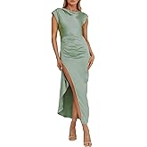 Summer Satin Cap Sleeve Cowl Back Maxi Dresses for Women Elegant Backless Ruffle High Split Tie Back Cocktail Dress
