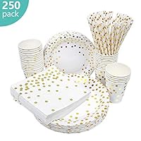 esafio 250 PCS Disposable Paper Plates set, Tableware Sets Include 50 Dinner Plates, 50 Dessert Plates, 50 Paper Cups, 50 Luncheon Napkins, 50 straws for Birthday Party, Wedding, Baby Shower