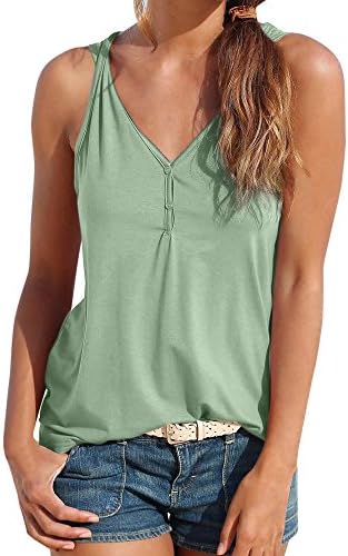 Womens V Neck Tank Tops SADUORHAPPY Solid Color Sleeveless Henley Shirts Button Up Long Tunic Tees (S, Army Green)
