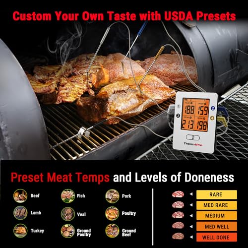 ThermoPro TP25 Termómetro inalámbrico Bluetooth para carne de 500 pies con 4 sondas de temperatura Termómetro digital de cocina para barbacoa para asar al horno ahumador de alimentos, recargable
