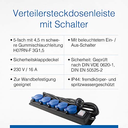as - Schwabe 5-Fach Verteilersteckdosenleiste mit Schalter, Schutzkontaktsteckdosen im Mehrfachstecker mit 4,5 m… – Bild 4