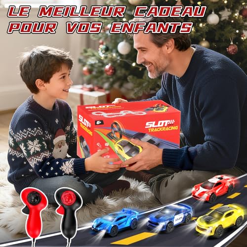 JONRRYIN Circuit Voiture Enfant, 1:64 Circuit Voiture Electrique, Extra-Long Piste De Course - 4 LED Voitures, USB, Télécommande, Comptoir, 360° Boucle, Jouets Cadeaux pour Enfant 6-12 Ans (737CM)