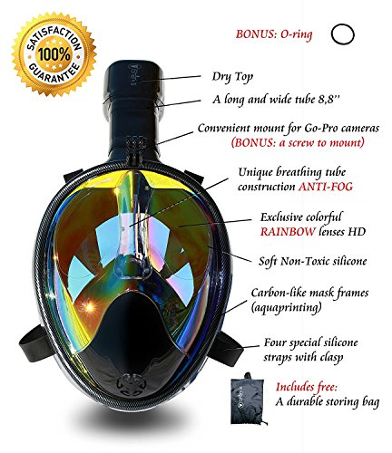 Snorkel Mask Full Face- EasyBreath - 180â° Panoramic Seaview - Rainbow Mirror Lenses HD - Design Scuba Mask - Anti-Leak & Anti-Fog - Adjustable Silicone Straps (Carbon,L/XL)