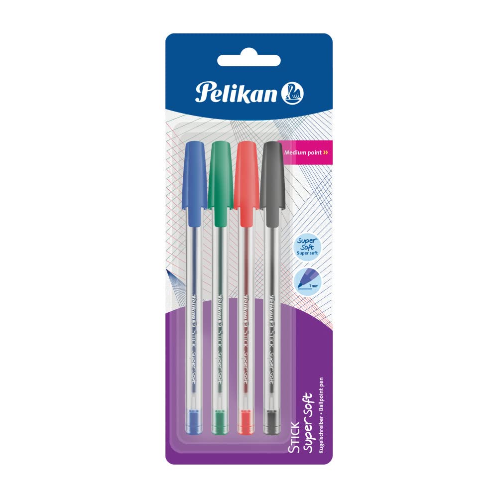 Pelikan - Stick Super Soft - Ballpoint Pen - 4 Pieces - Mixed Colors - For School and Office - Sliding Ink - Made in Germany