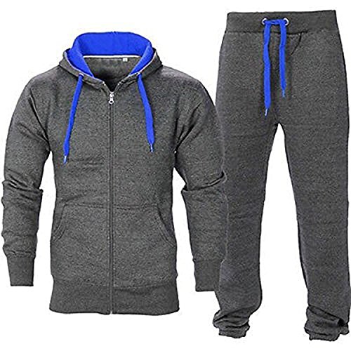 Juicy Trendz Mens Athletic Long Selves Fleece Full Zip Gym Tracksuit Jogging Set Active wear Charcoal/Blue