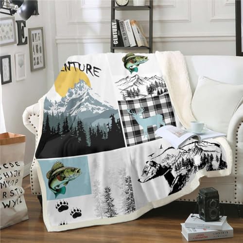 Cabin Bear Deer Plush Fleece Blanket