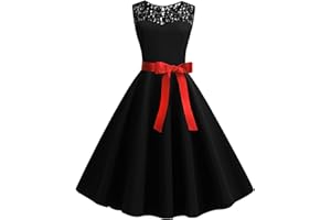 LAWOR Ladies Sleeveless Cocktail Dress Lace Patchwork Bodice Dress Retro Rockabilly Dress with Belt Solid Formal Ball Gowns