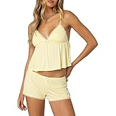 Juakoso Women Lace Trim Pajamas 2 Piece Sleep Set Sleeveless V Neck Cami Top and Shorts Pj Set Y2k Matching Lounge Sleepwear