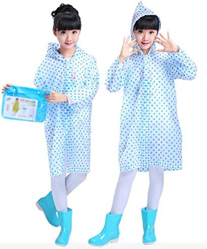 Smartown Age 6-14 Kids Dots Style Hooded Rain Poncho Raincoat Cover Long Rainwear Blue For Girls