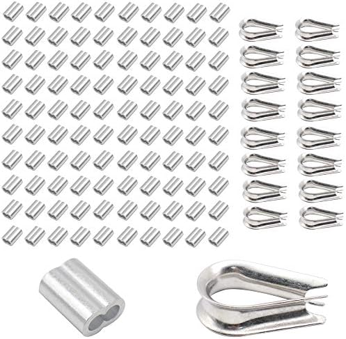 CCTVMTST 100Pcs 1/8" Aluminum Crimping Loop Sleeve Crimps and 16Pcs M3 Stainless Steel Thimble Rigging for Wire Rope Cable