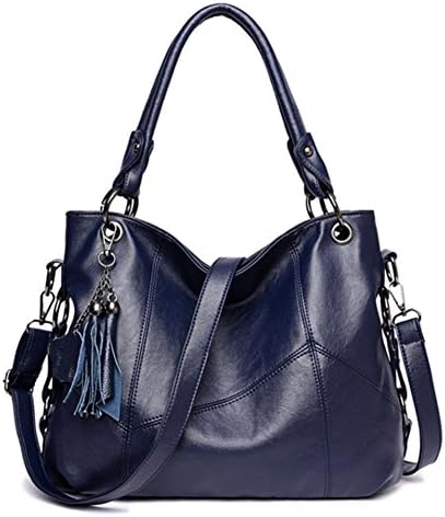 Voudi Women Genuine Leather Handbag Tote Top Handle Satchel Handbag Tassel Crossbody Bag Shoulder Bag Purse (Blue)