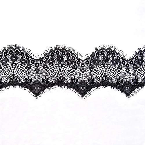 Chantilly Lace Floral Bridal/Wedding Dress Flower Fabric Scallop Trim Applique Clothing Curtains Black/Off White 300cmx10cm ALE09 (Black)