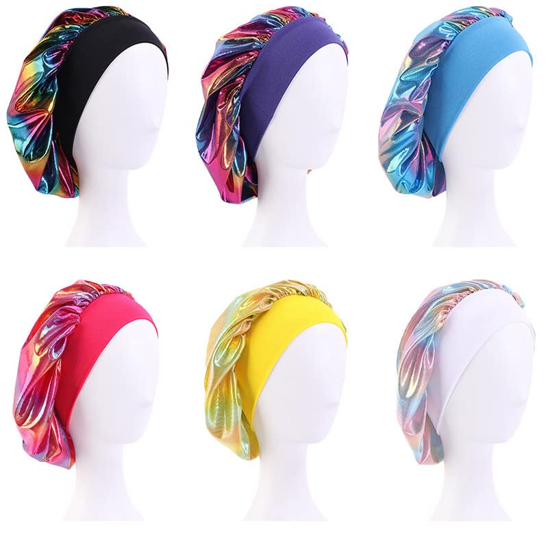 DEPHNARSA 6 Pieces Large Satin Bonnet Sleep Caps Soft Elastic Wide Band Satin Sleeping Cap & Hat Head Cover for Women Hair Loss,Natural Curly Hair Braids (F-Holographic)